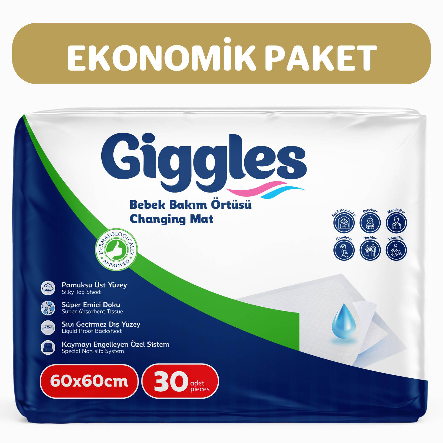 Giggles Bebek Bakım Örtüsü 60x60  Alt Açma Bezi  3 paket (30 adet)